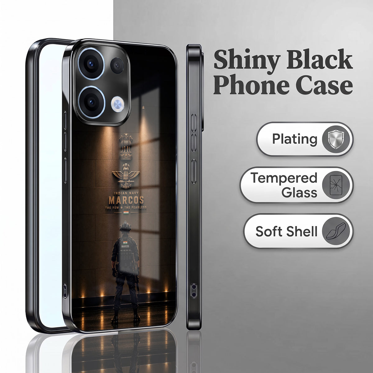 Oppo Reno 13 5G Indian Navy Marcos Black Electroplated Glass Phone Back Case