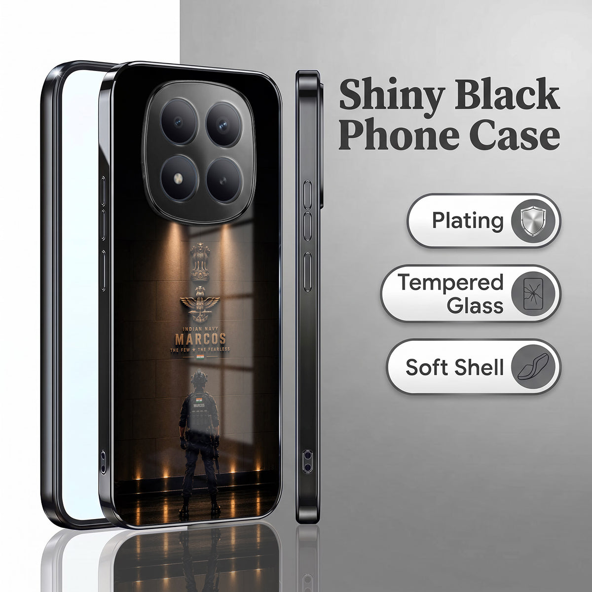Redmi Note 15 Pro Plus 5G Indian Navy Marcos Black Electroplated Glass Phone Back Case