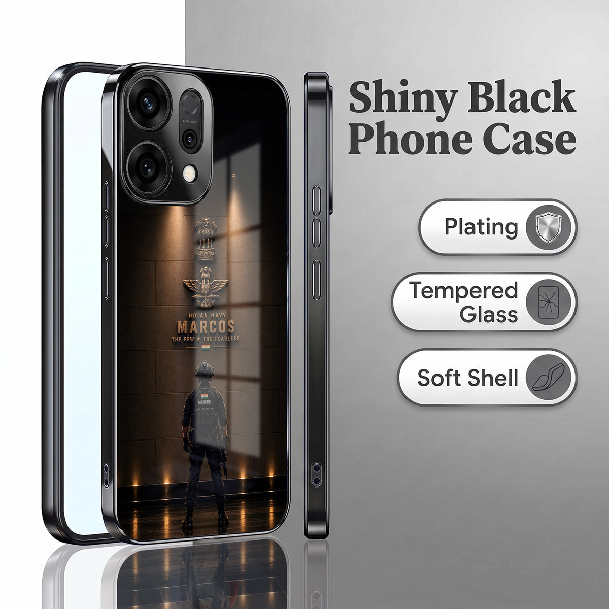 Oppo Reno 14 5G Indian Navy Marcos Black Electroplated Glass Phone Back Case