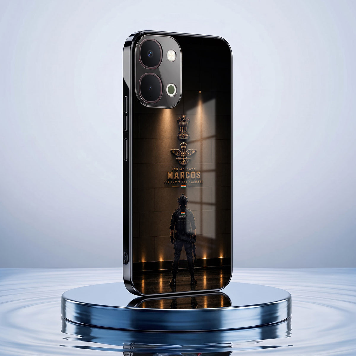 Vivo T5x 5G Indian Navy Marcos Black Electroplated Glass Phone Back Case
