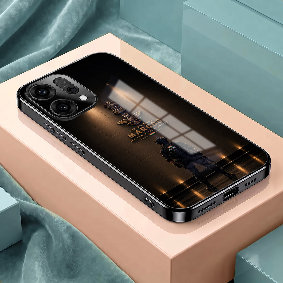 Oppo Reno 14 5G Indian Navy Marcos Black Electroplated Glass Phone Back Case