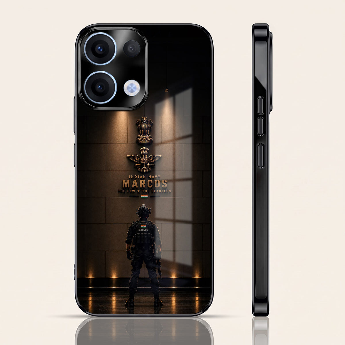 Oppo Reno 13 5G Indian Navy Marcos Black Electroplated Glass Phone Back Case