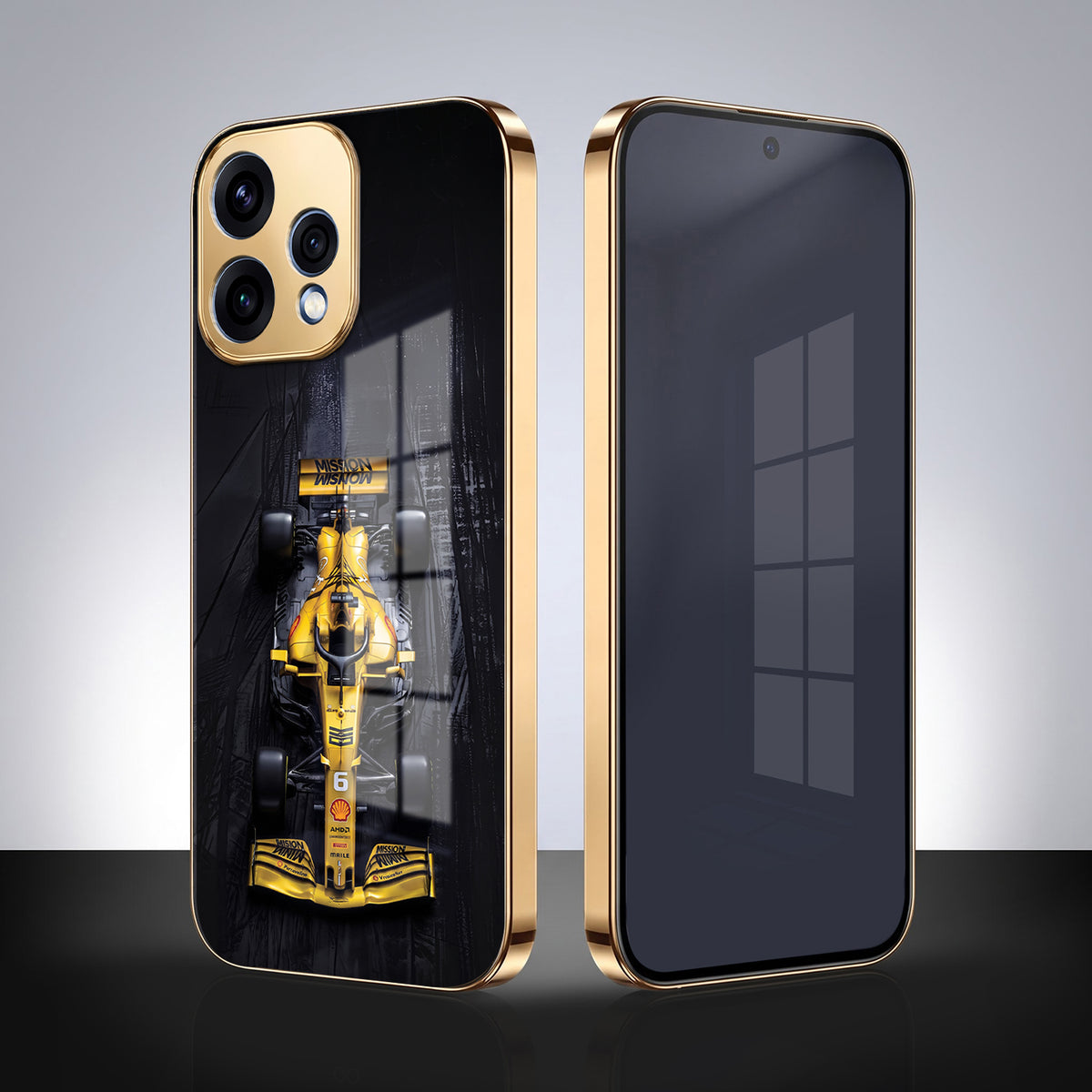 Oppo Reno 15 5G F1 Racing Car Gold Electroplated Glass Phone Back Case