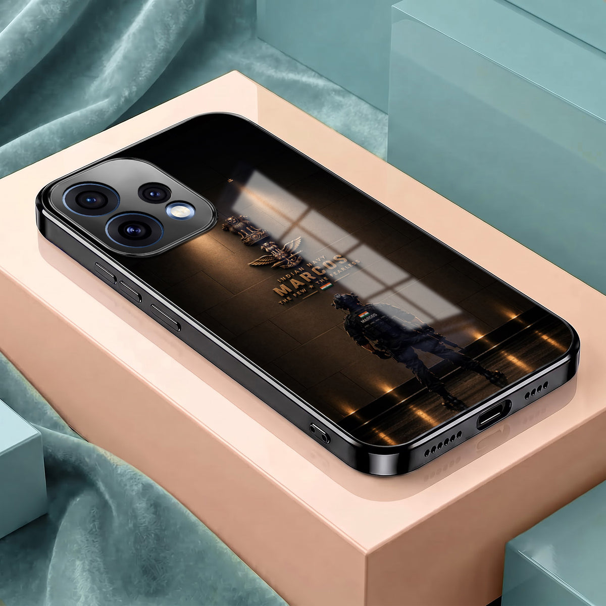 Oppo Reno 15 5G Indian Navy Marcos Black Electroplated Glass Phone Back Case