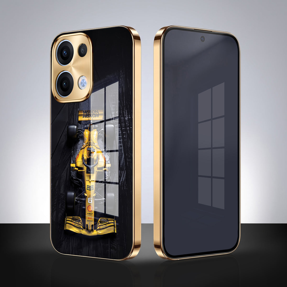 Oppo Reno 13 5G F1 Racing Car Gold Electroplated Glass Phone Back Case