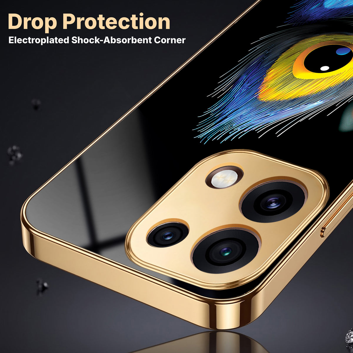 Oppo Reno 16C 5G Multi-Feather Peacock Gold Electroplated Glass Phone Back Case