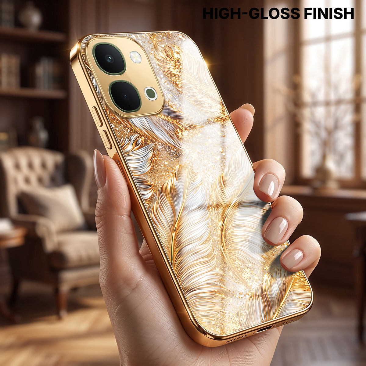 Vivo T5x 5G Golden Feather Marble Gold Electroplated Glass Phone Back Case