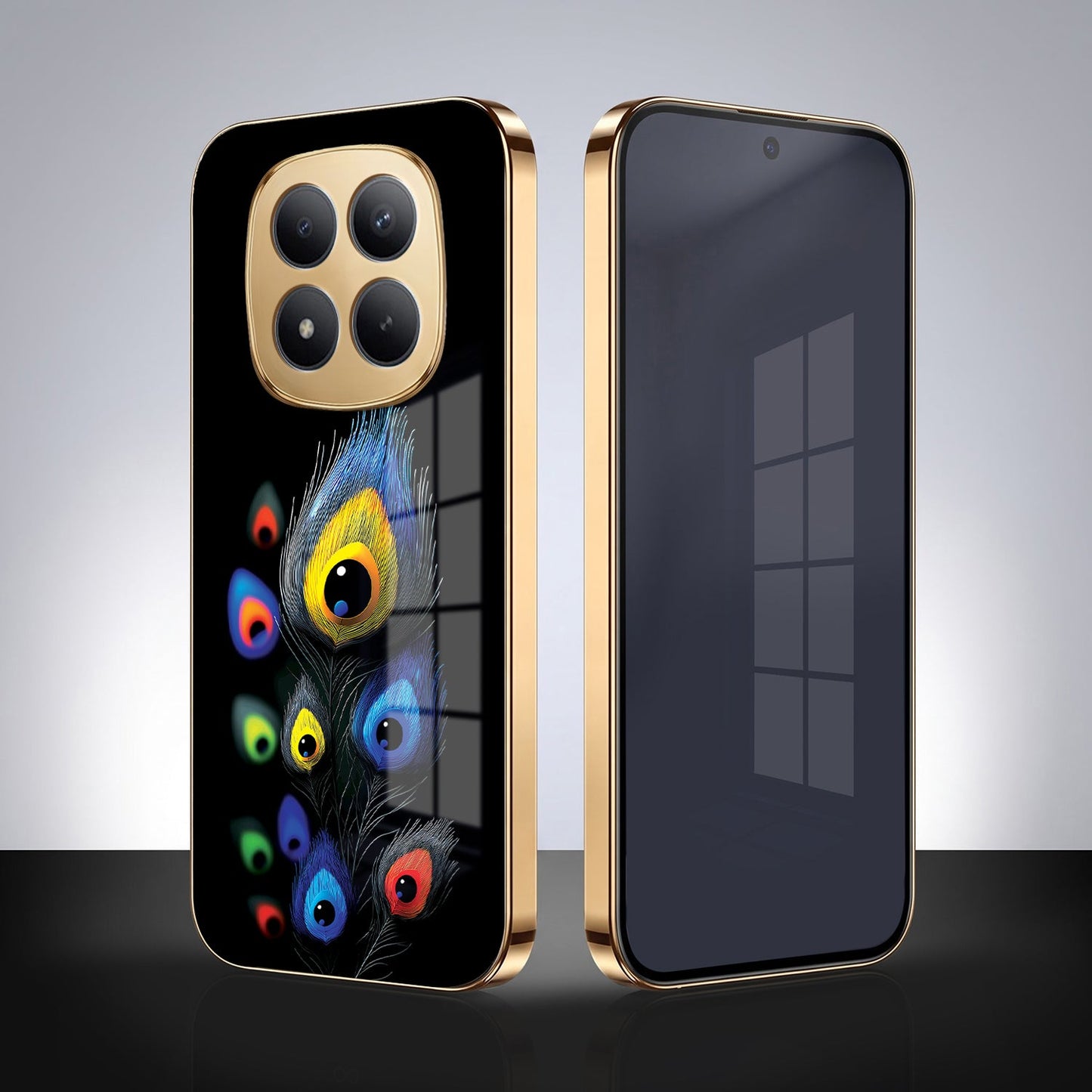 Redmi Note 15 Pro+ 5G Premium Peacock Feather Gold Electroplated Glass Phone Back Case
