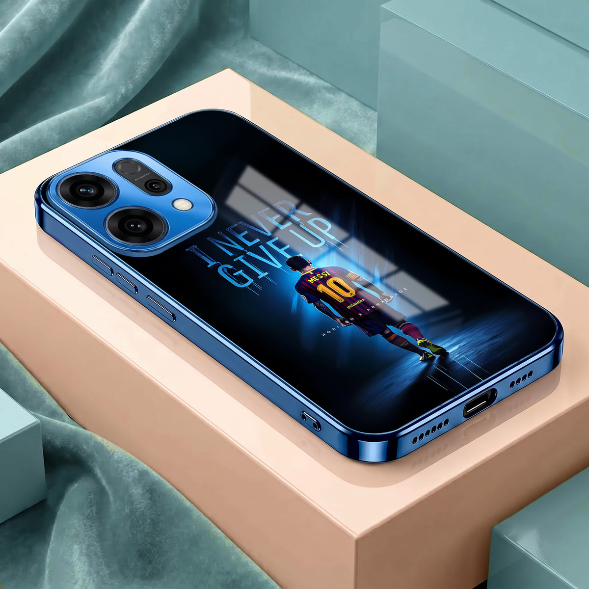Oppo Reno 14 5G Never Give Up Blue Electroplated Glass Phone Back Case