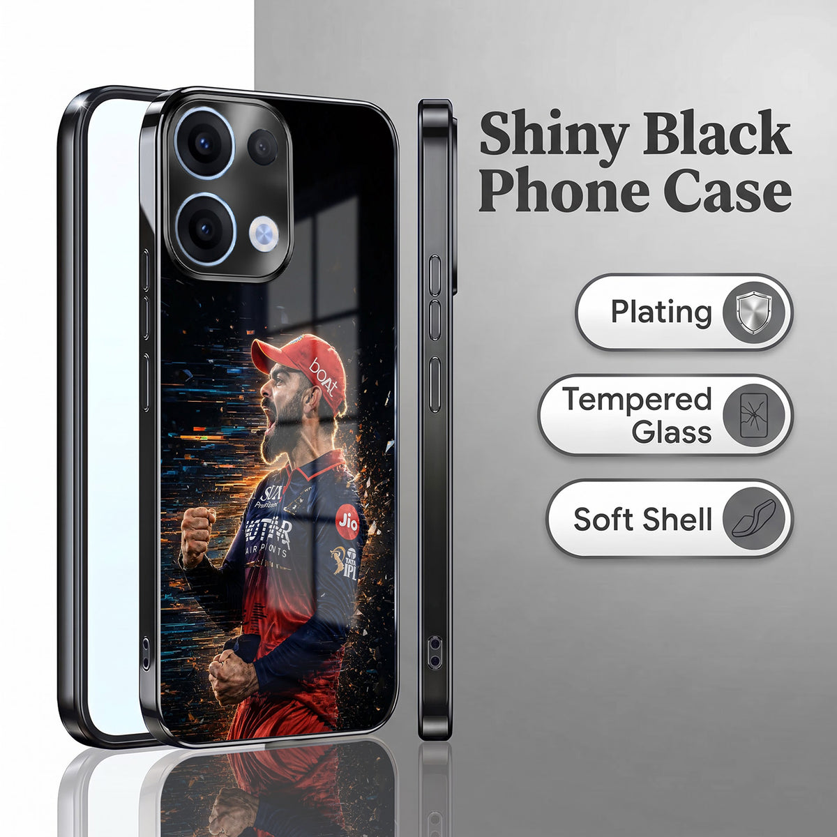 Oppo Reno 13 5G Virat Kohli Black Electroplated Glass Phone Back Case