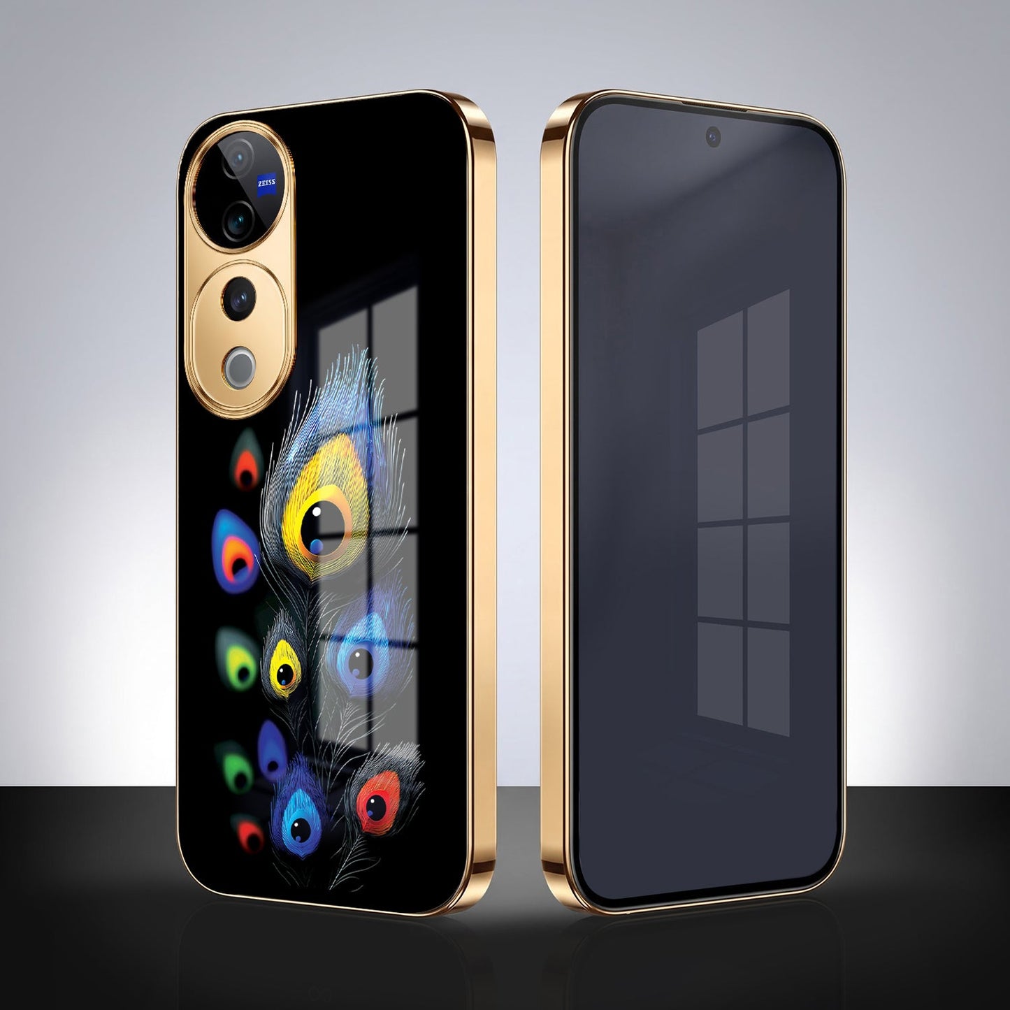 Vivo V40 Pro 5G Premium Peacock Feather Gold Electroplated Glass Phone Back Case