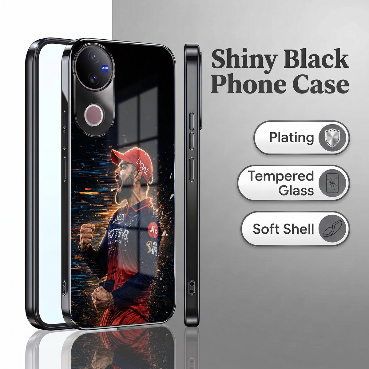Vivo V50 5G Virat Kohli Black Electroplated Glass Phone Back Case