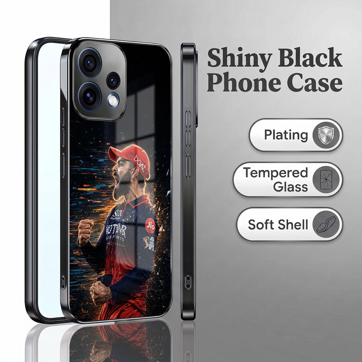 Oppo Reno 15 5G Virat Kohli Black Electroplated Glass Phone Back Case