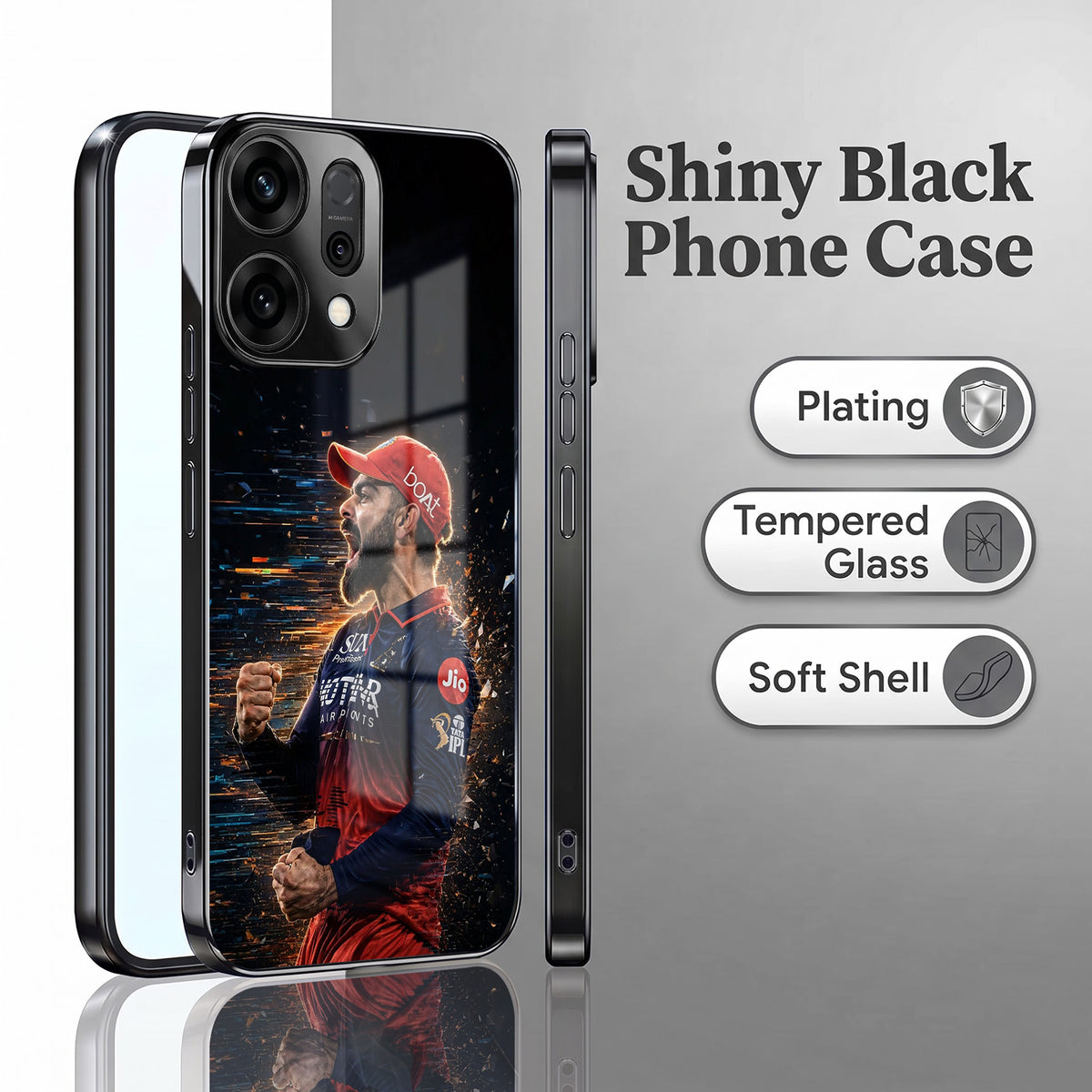 Oppo Reno 14 5G Virat Kohli Black Electroplated Glass Phone Back Case