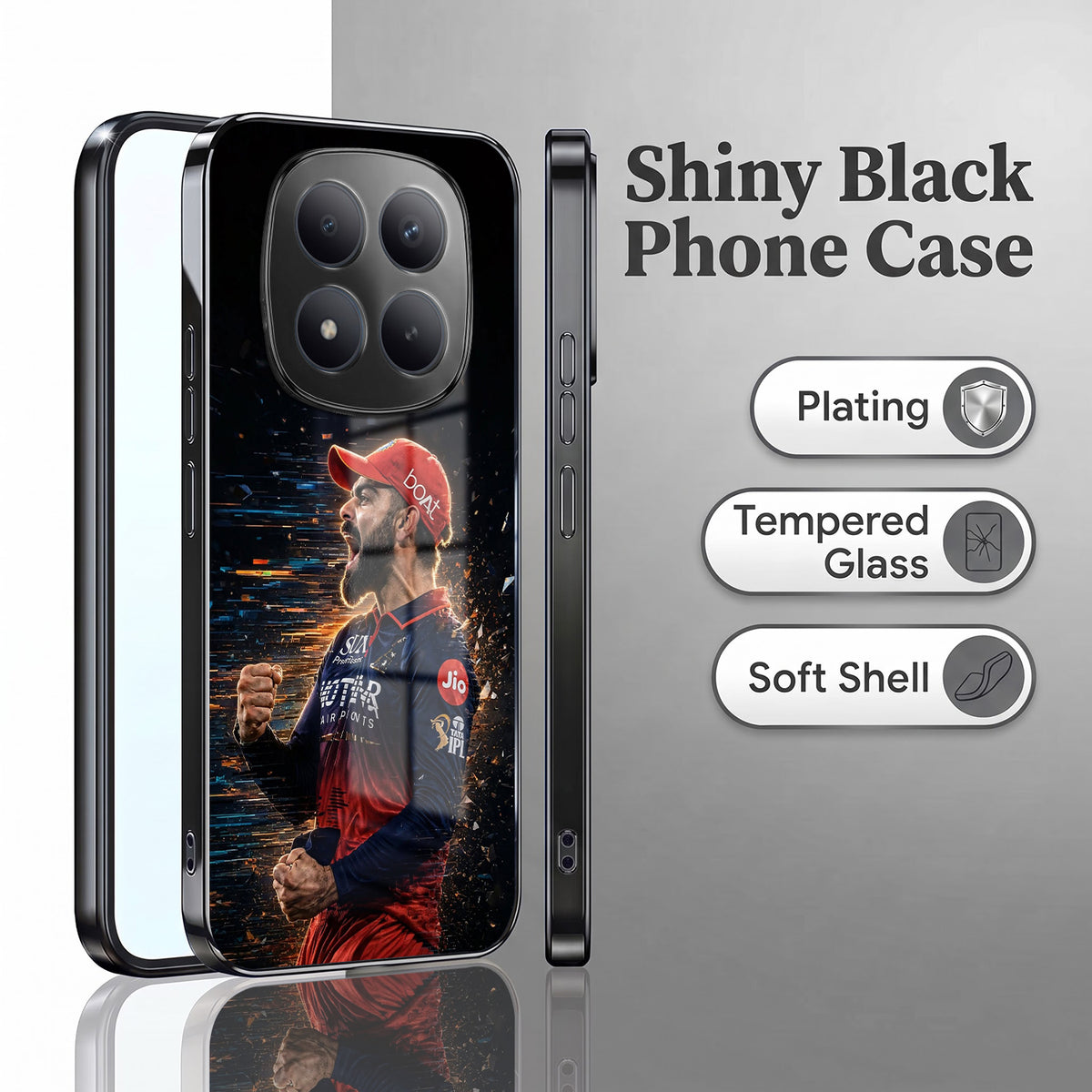 Redmi Note 15 Pro Plus 5G Virat Kohli Black Electroplated Glass Phone Back Case