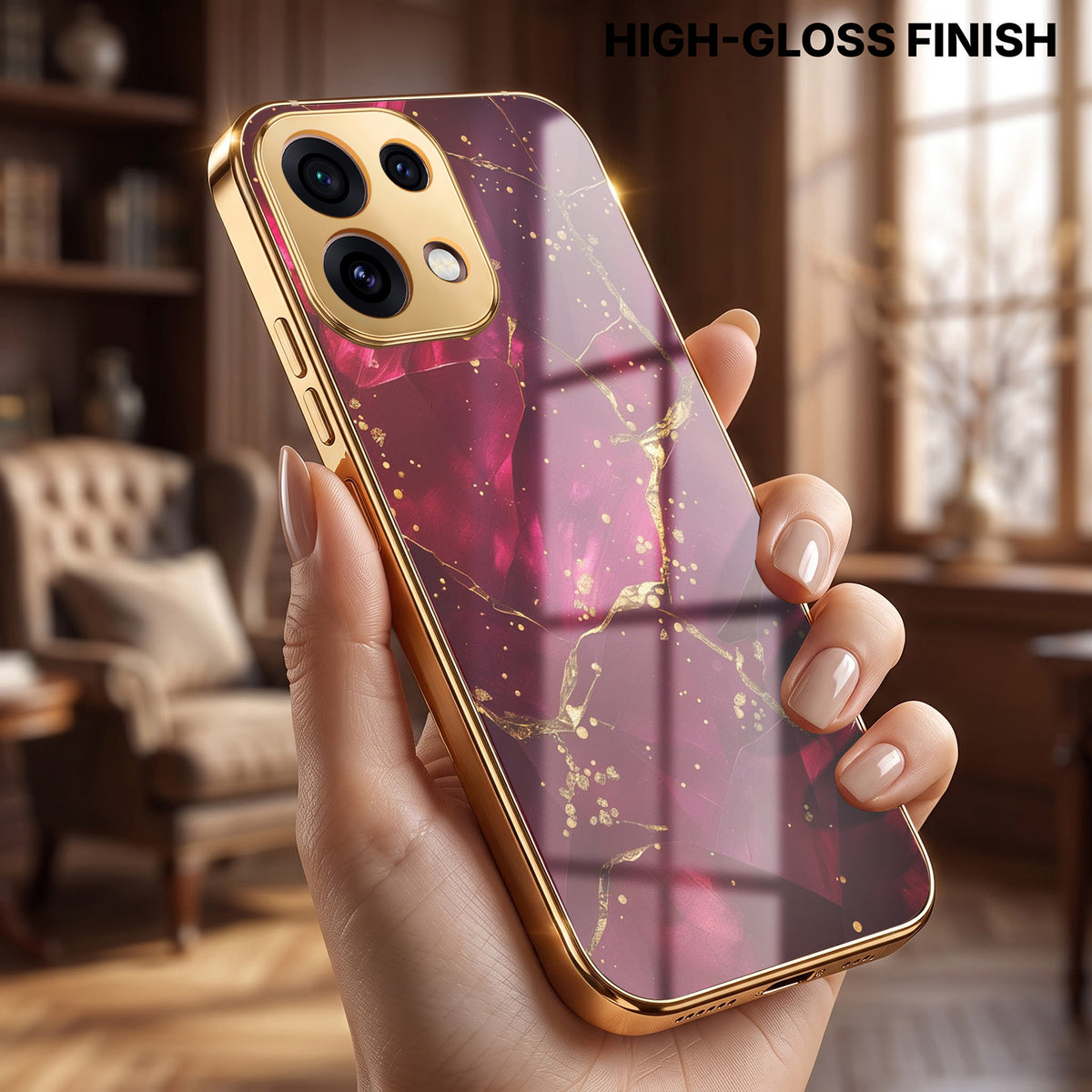 Oppo Reno 16C 5G Luxury Crimson Marble Gold Electroplated Glass Phone Back Case