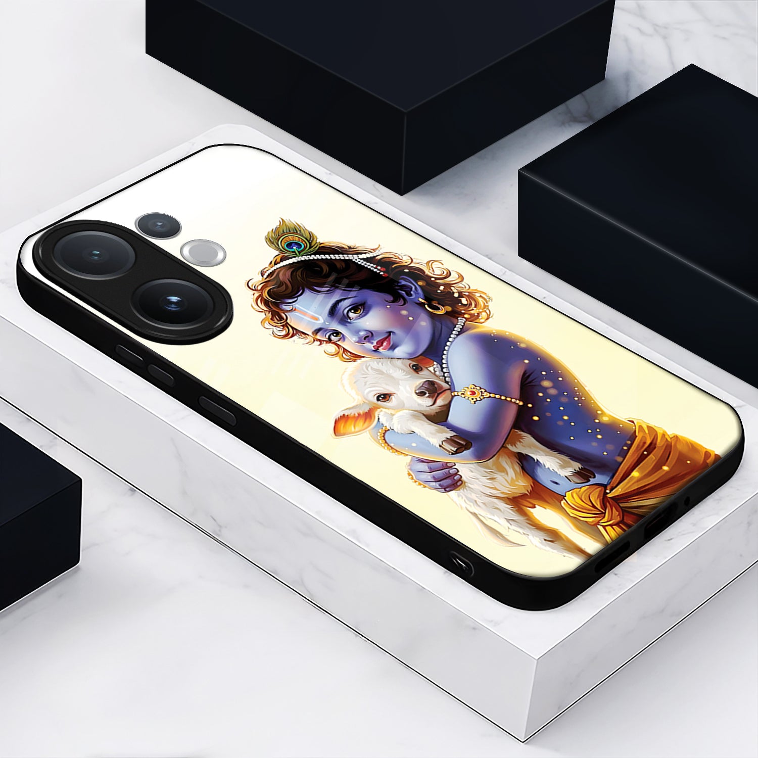 Vivo V60 5G Phone case with a depiction of a deity holding a dog on a white surface