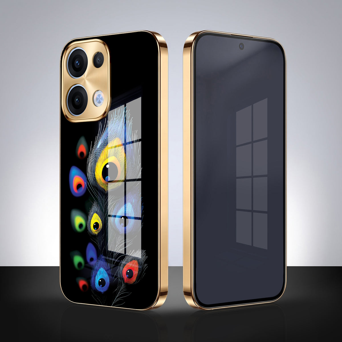 Oppo Reno 13 5G Premium Peacock Feather Gold Electroplated Glass Phone Back Case
