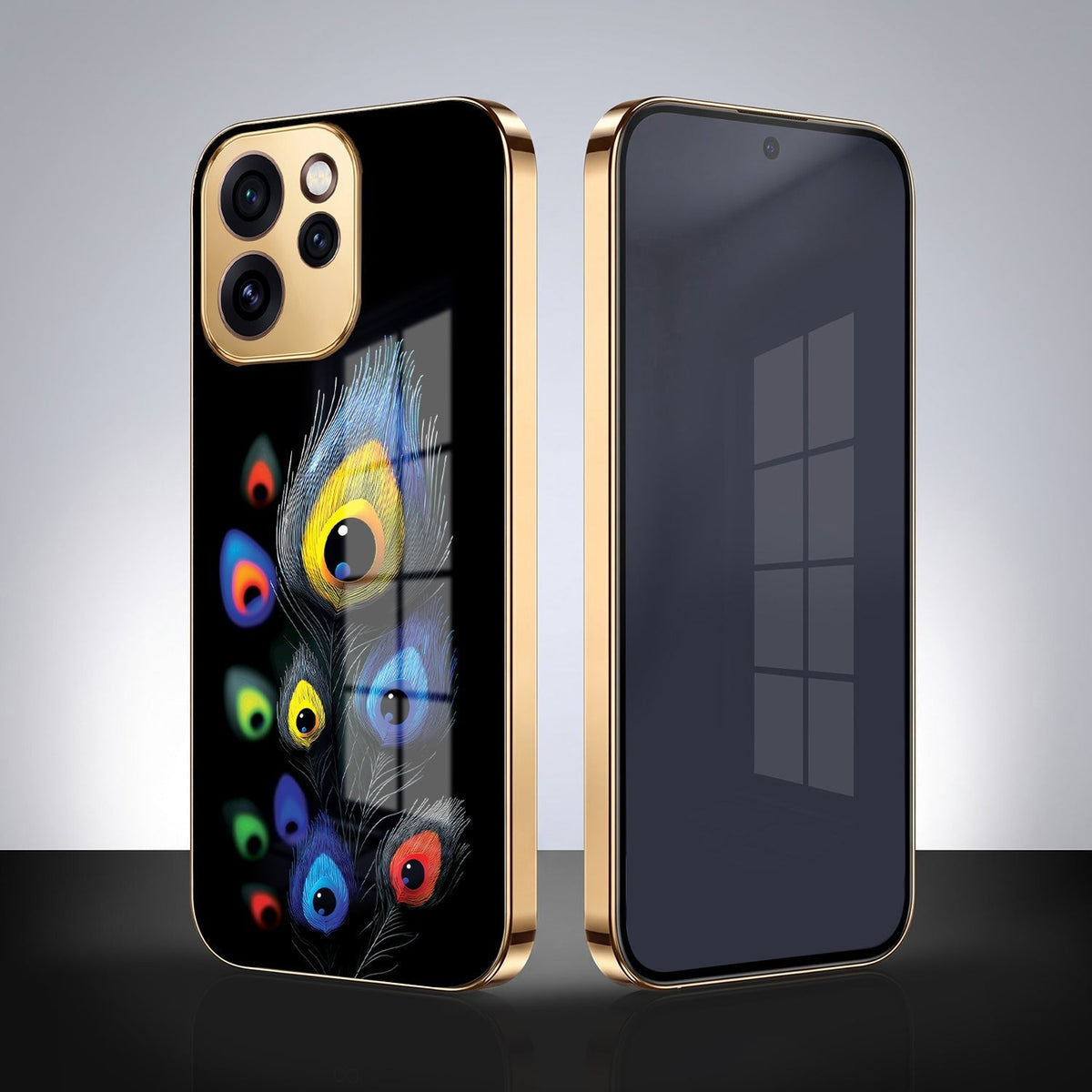 Oppo Reno 15 Pro Mini 5G Multi-Feather Peacock Gold Electroplated Glass Phone Back Case