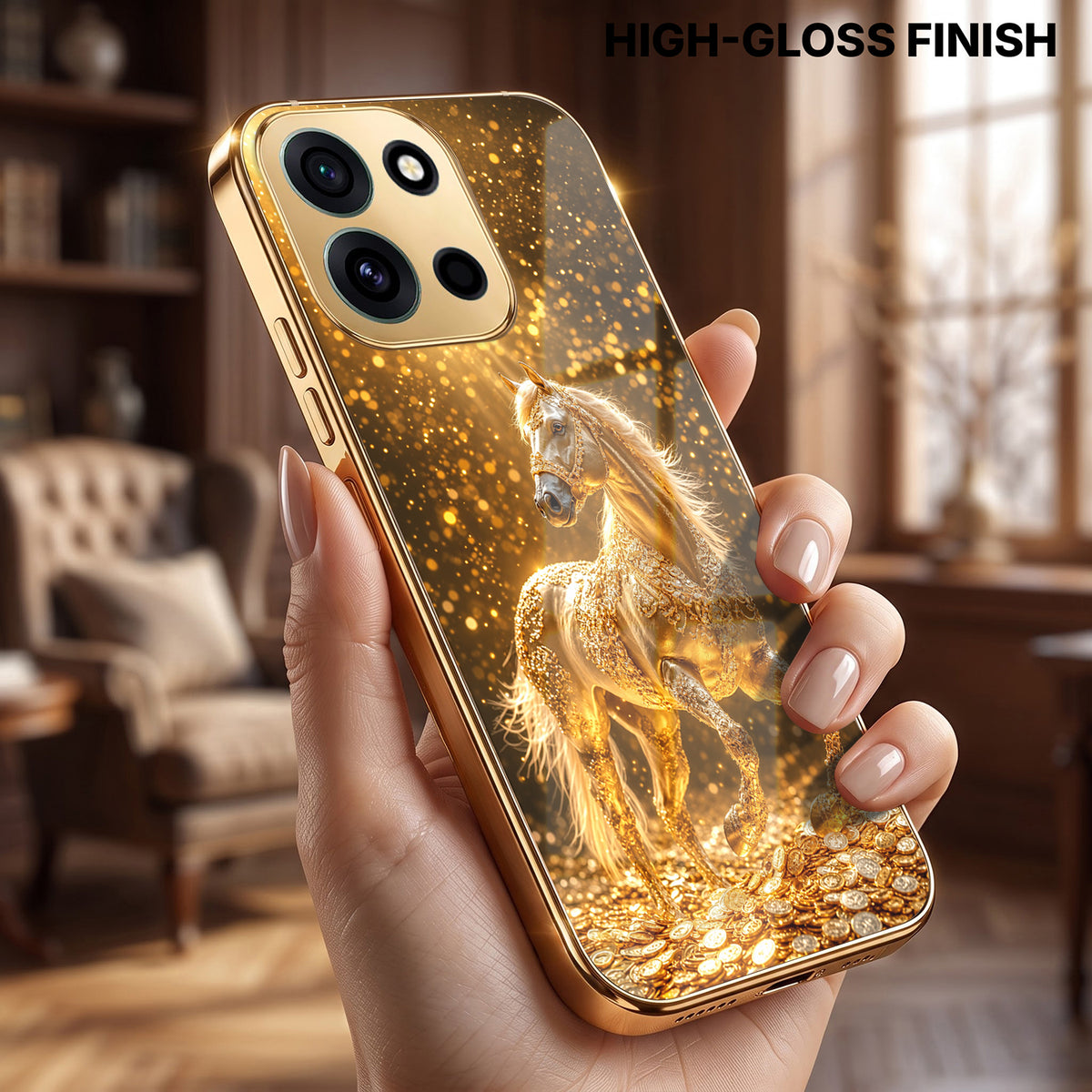 OnePlus Nord 6 5G Golden Horse Sparkle Gold Electroplated Glass Phone Back Case