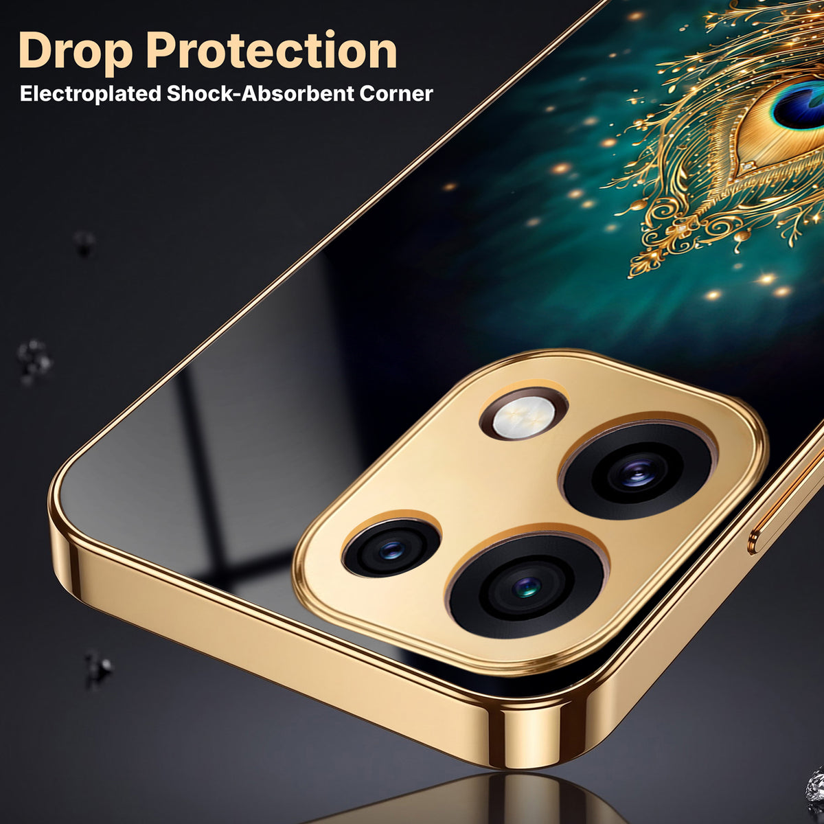 Oppo Reno 16C 5G Golden Peacock Feather Gold Electroplated Glass Phone Back Case