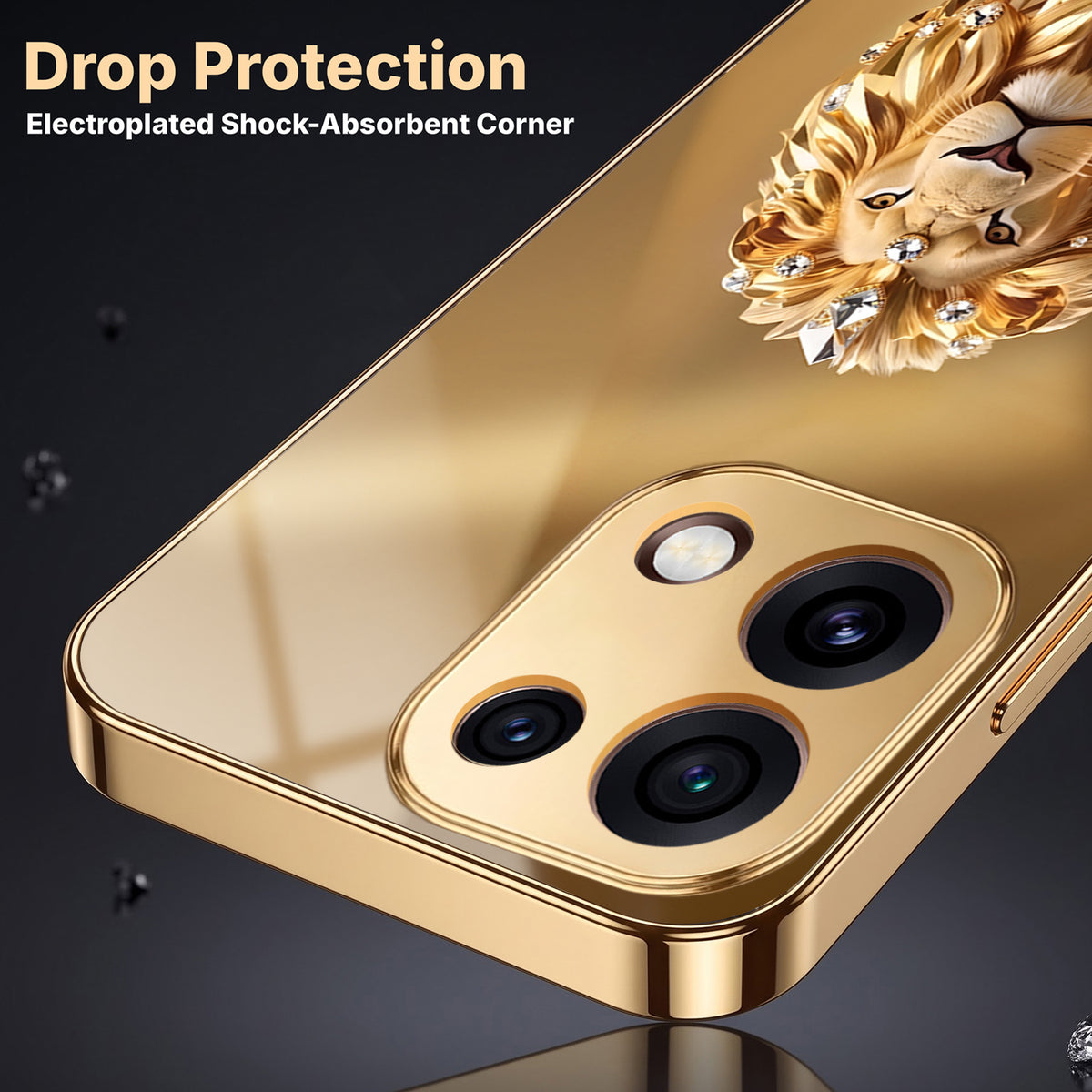 Oppo Reno 16C 5G Luxury Lion Gold Electroplated Glass Phone Back Case