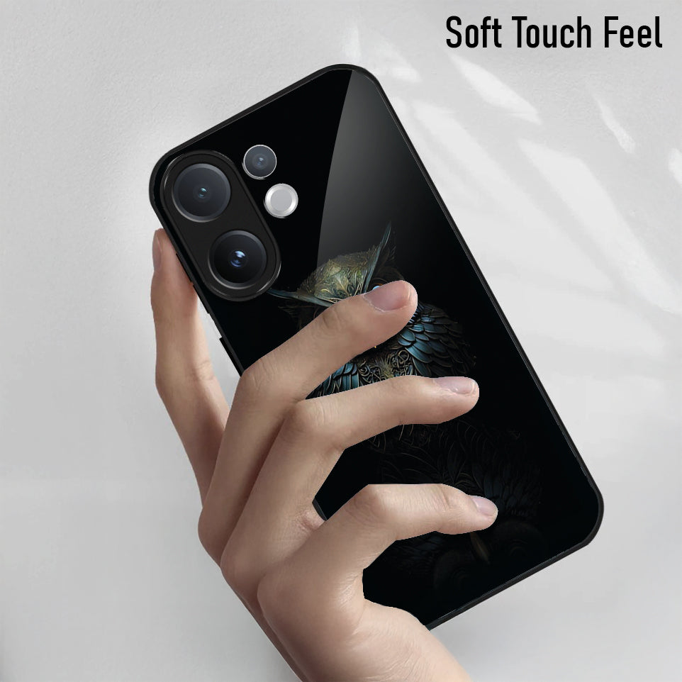 Hand holding a black phone case with 'Soft Touch Feel' text on a light gray background