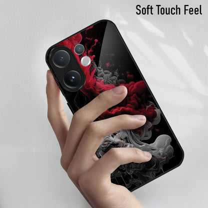 Phone case with red and black design held by a hand on a light gray background