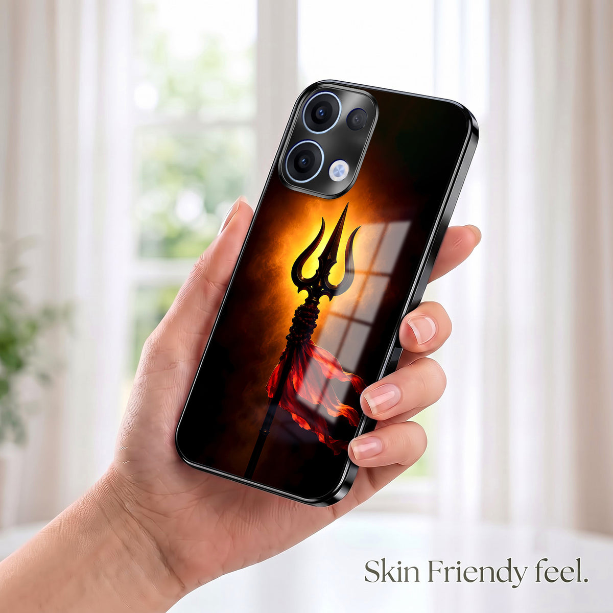Oppo Reno 13 5G Divine Trishul Black Electroplated Glass Phone Back Case