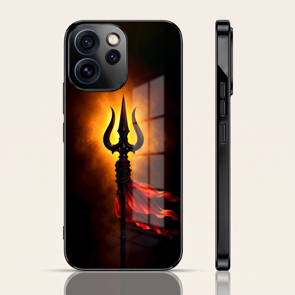 Oppo Reno 15 Pro Mini 5G Divine Trishul Black Electroplated Glass Phone Back Case