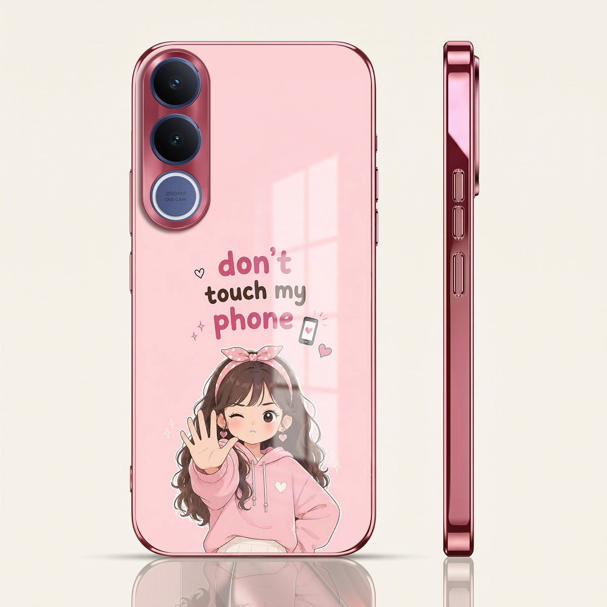 Vivo V70 FE 5G Luxury Anime Girl Pink Electroplated Glass Phone Back Case