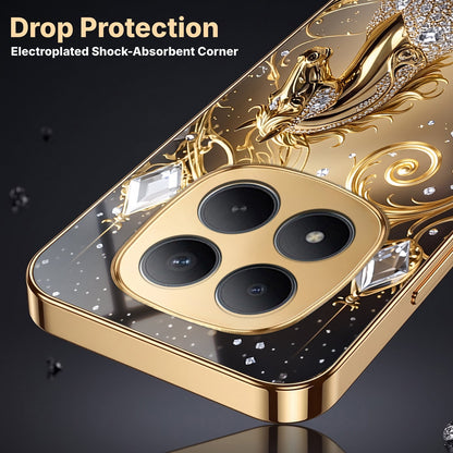 Redmi Note 15 Pro+ 5G Luxury Horse Texture Gold Electroplated Glass Phone Back Case
