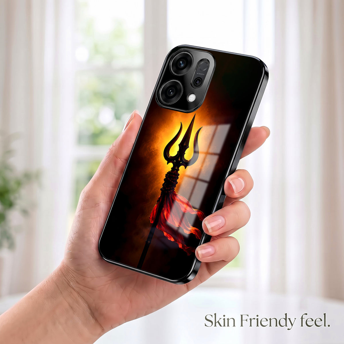 Oppo Reno 14 5G Divine Trishul Black Electroplated Glass Phone Back Case