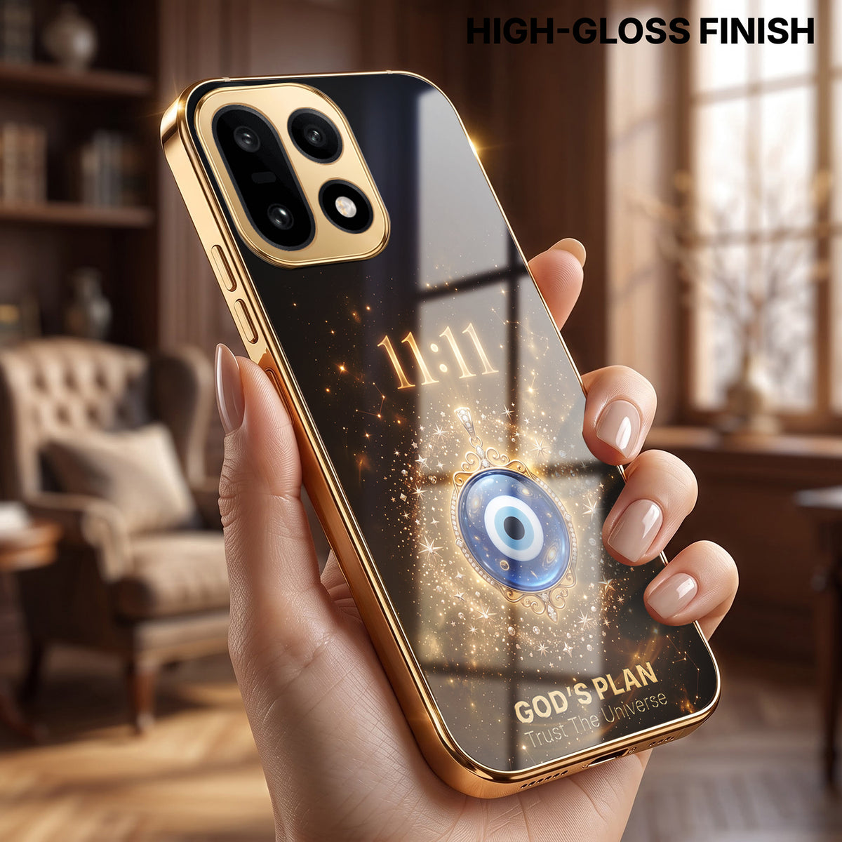 OnePlus 15 5G God’s Plan Evil Eye Gold Electroplated Glass Phone Back Case