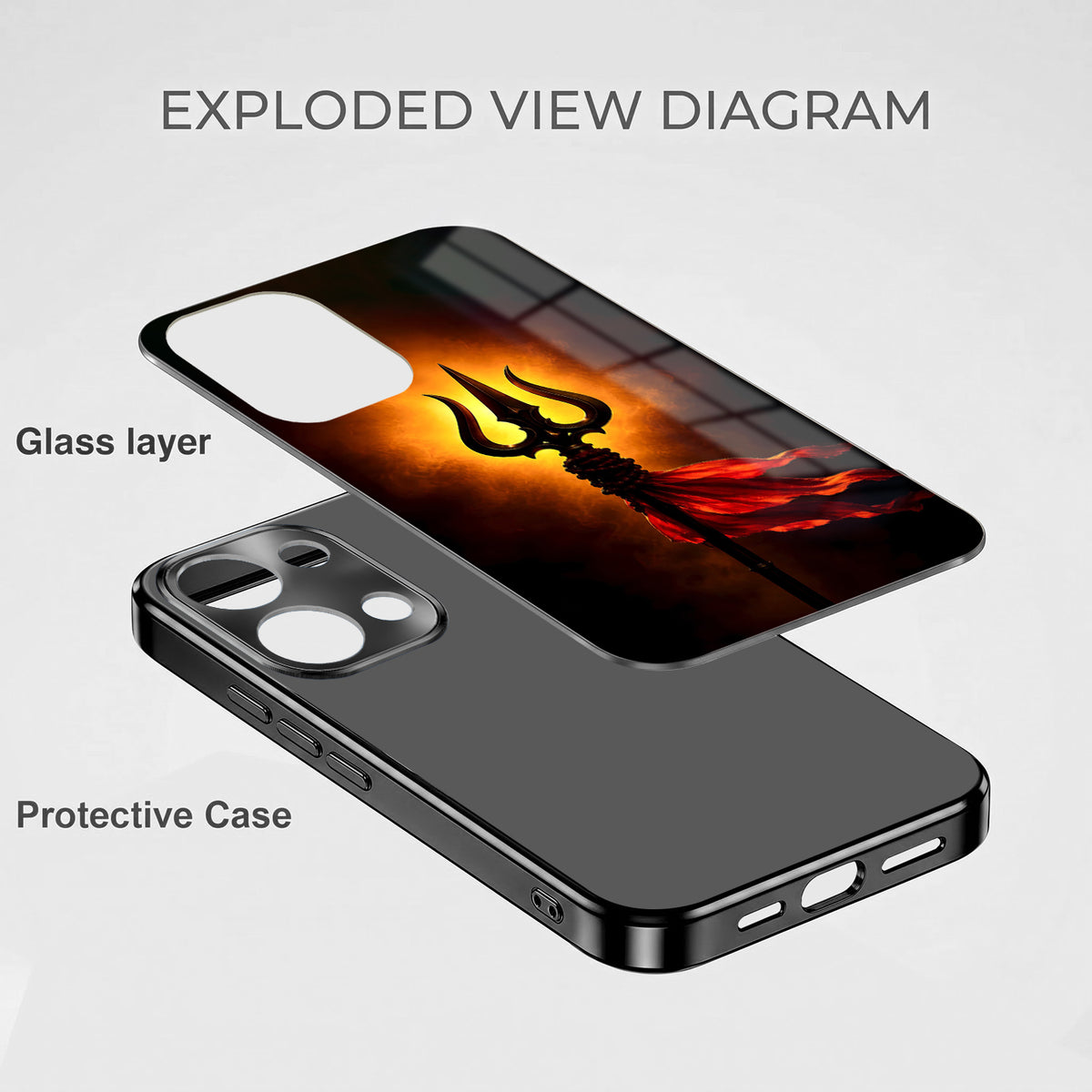 Oppo Reno 13 5G Divine Trishul Black Electroplated Glass Phone Back Case