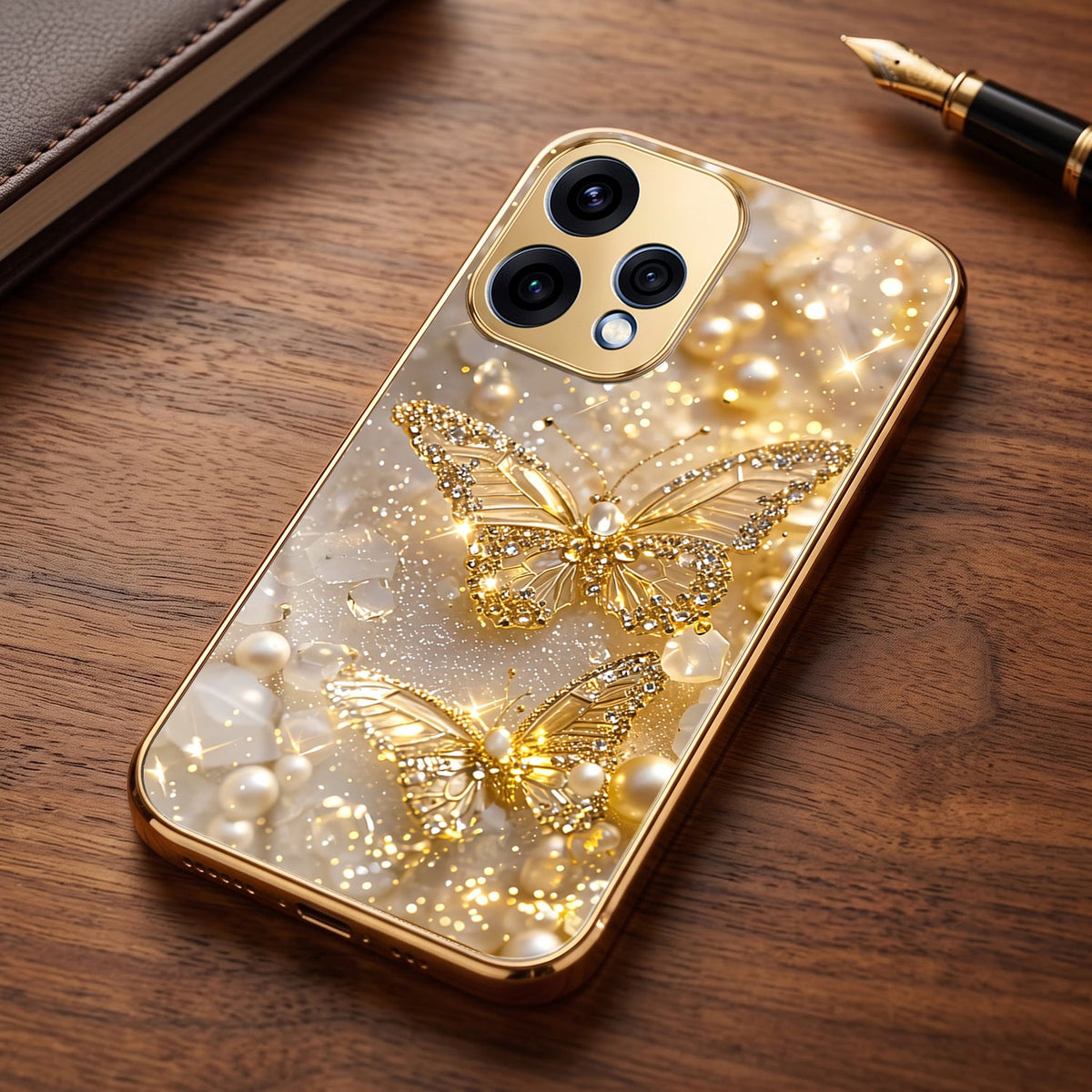 Oppo Reno 15 5G Golden Butterfly Gold Electroplated Glass Phone Back Case