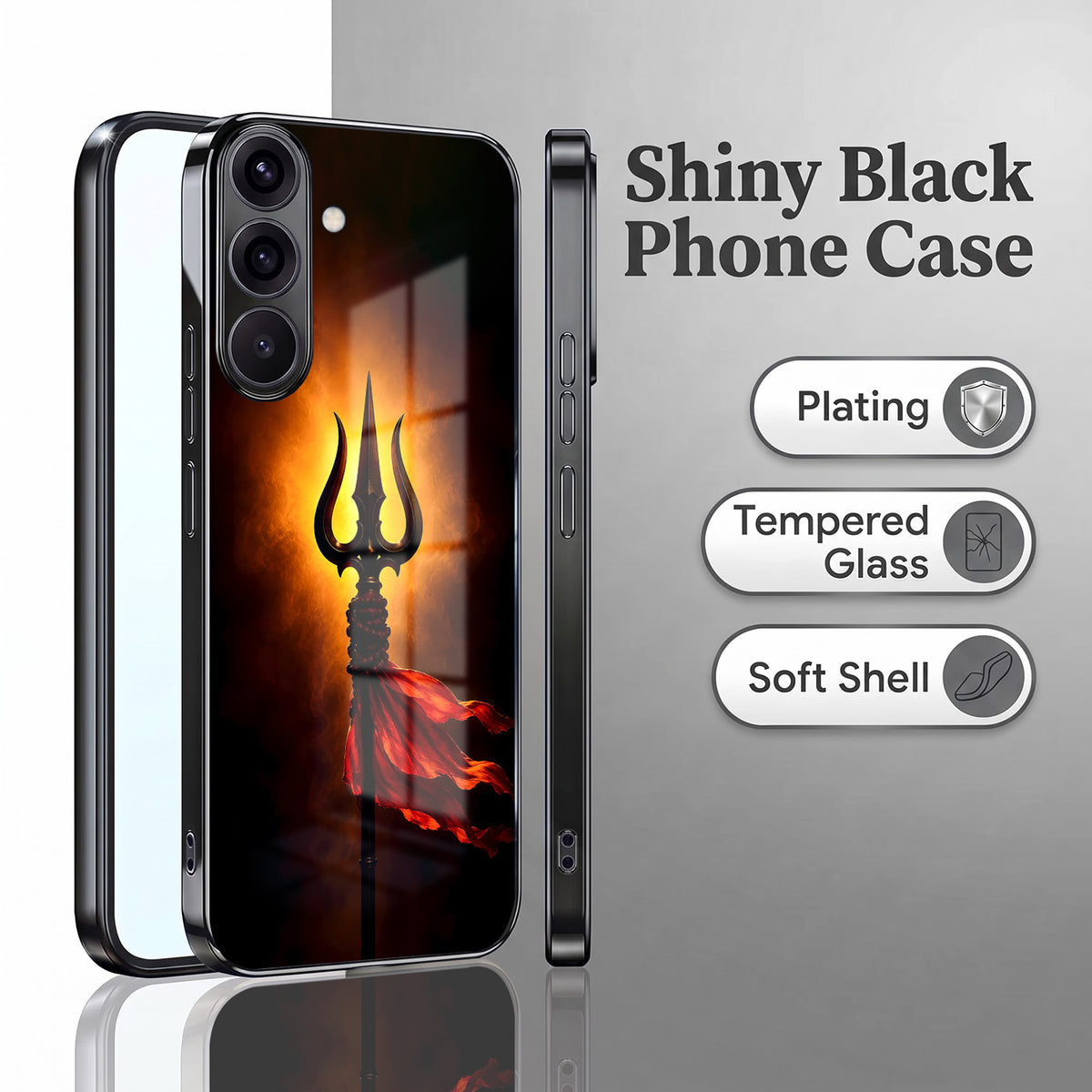 Samsung Galaxy A56 5G Divine Trishul Black Electroplated Glass Phone Back Case