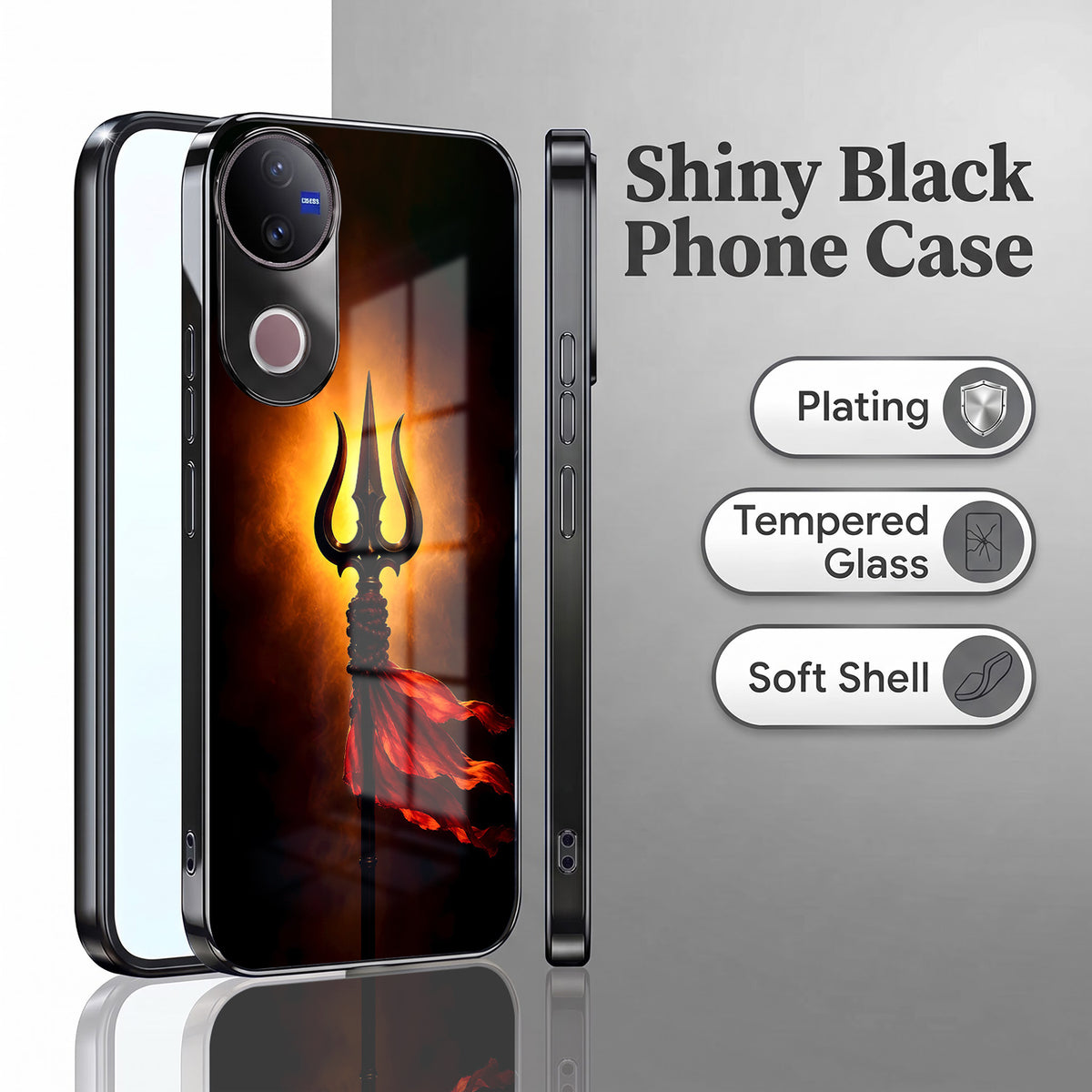 Vivo V50 5G Divine Trishul Black Electroplated Glass Phone Back Case