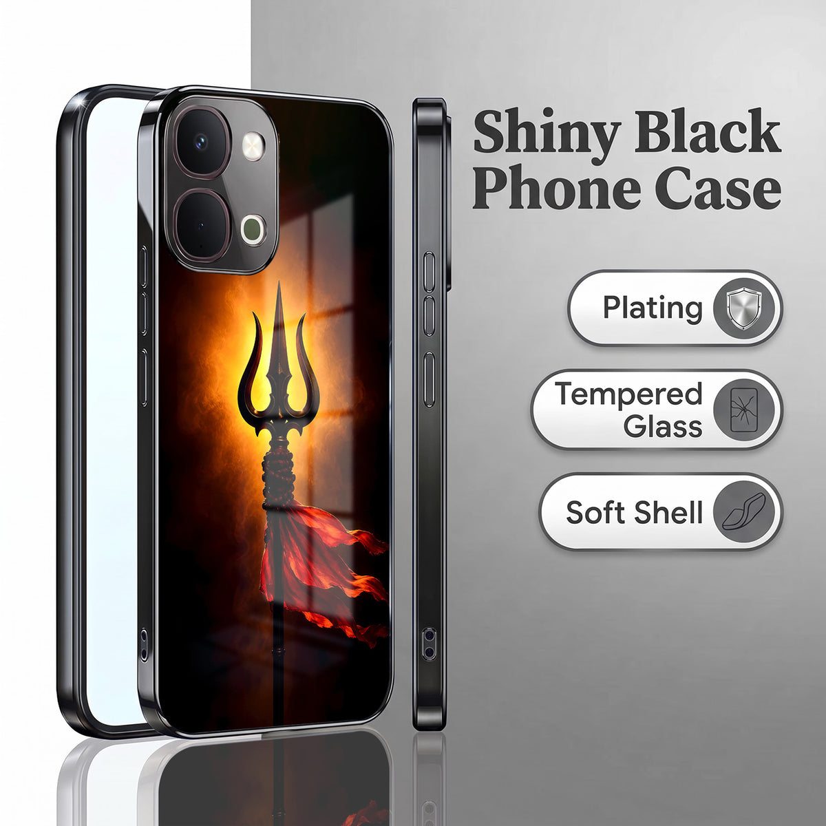 Vivo T5x 5G Divine Trishul Black Electroplated Glass Phone Back Case