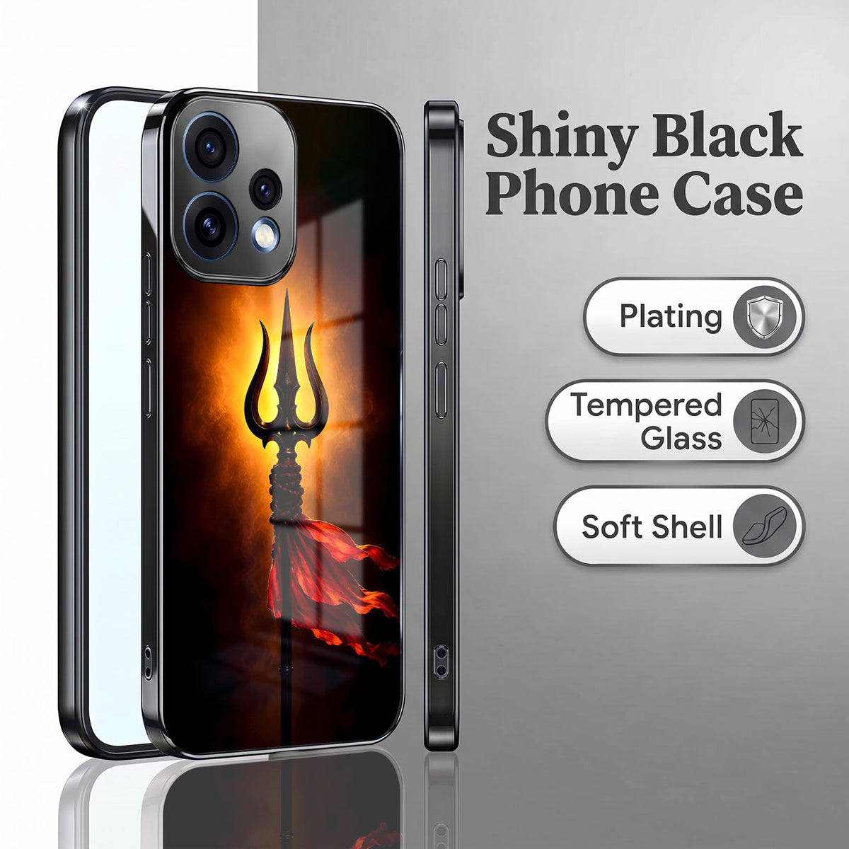 Oppo Reno 15 5G Divine Trishul Black Electroplated Glass Phone Back Case