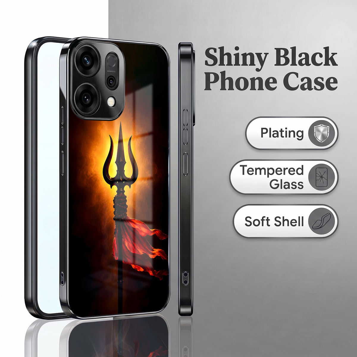 Oppo Reno 14 5G Divine Trishul Black Electroplated Glass Phone Back Case
