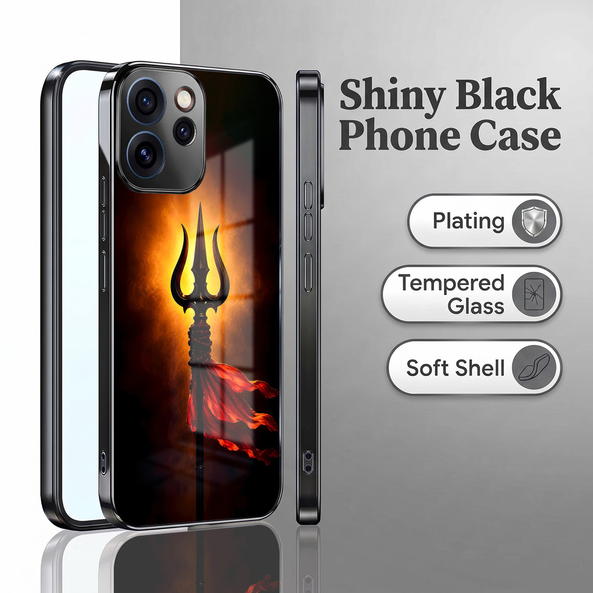 Oppo Reno 15 Pro Mini 5G Divine Trishul Black Electroplated Glass Phone Back Case
