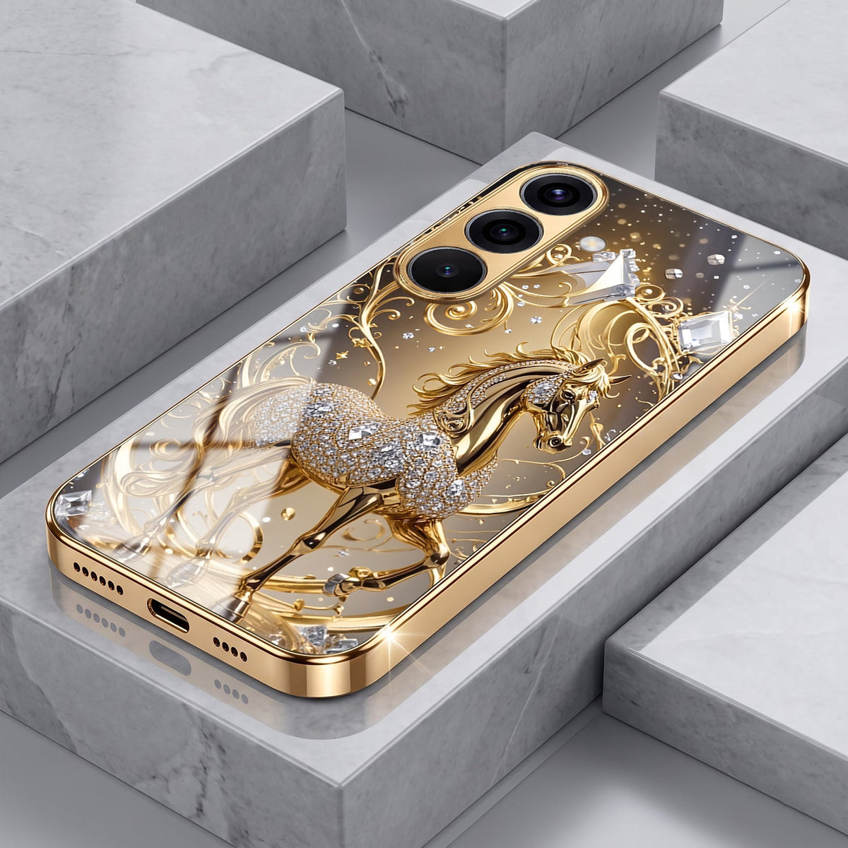 Samsung Galaxy A56 5G Luxury Horse Texture Gold Electroplated Glass Phone Back Case