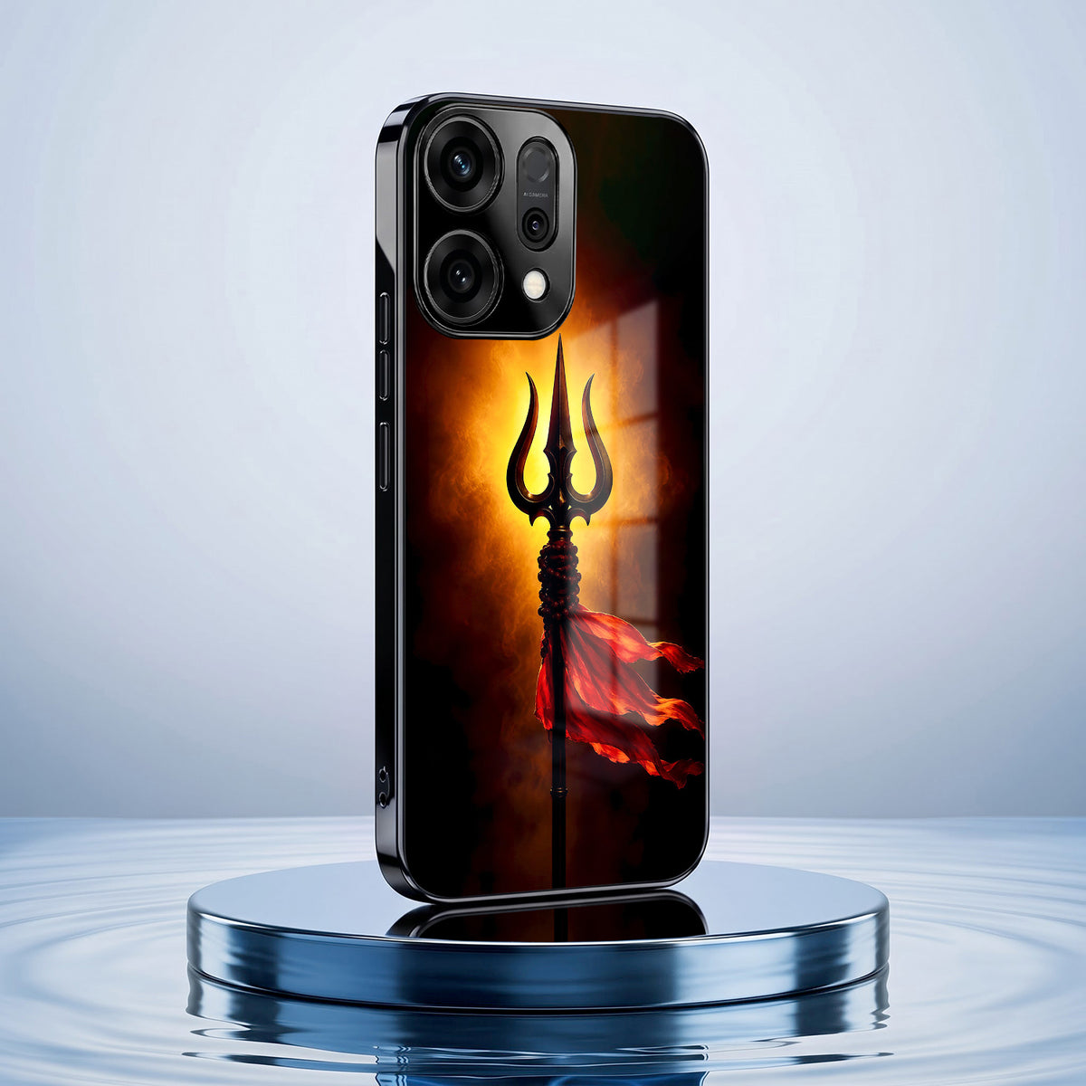 Oppo Reno 14 5G Divine Trishul Black Electroplated Glass Phone Back Case