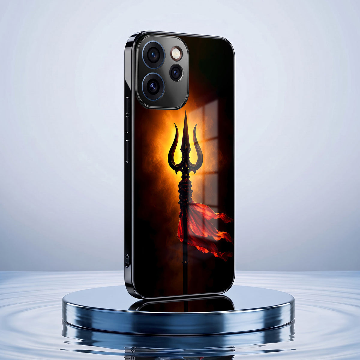 Oppo Reno 15 Pro Mini 5G Divine Trishul Black Electroplated Glass Phone Back Case
