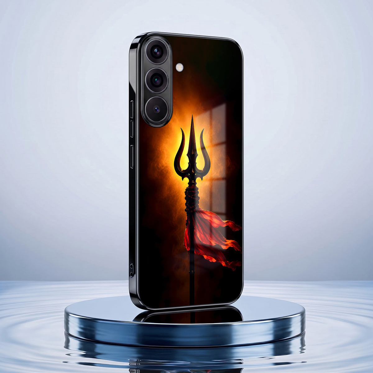 Samsung Galaxy A56 5G Divine Trishul Black Electroplated Glass Phone Back Case