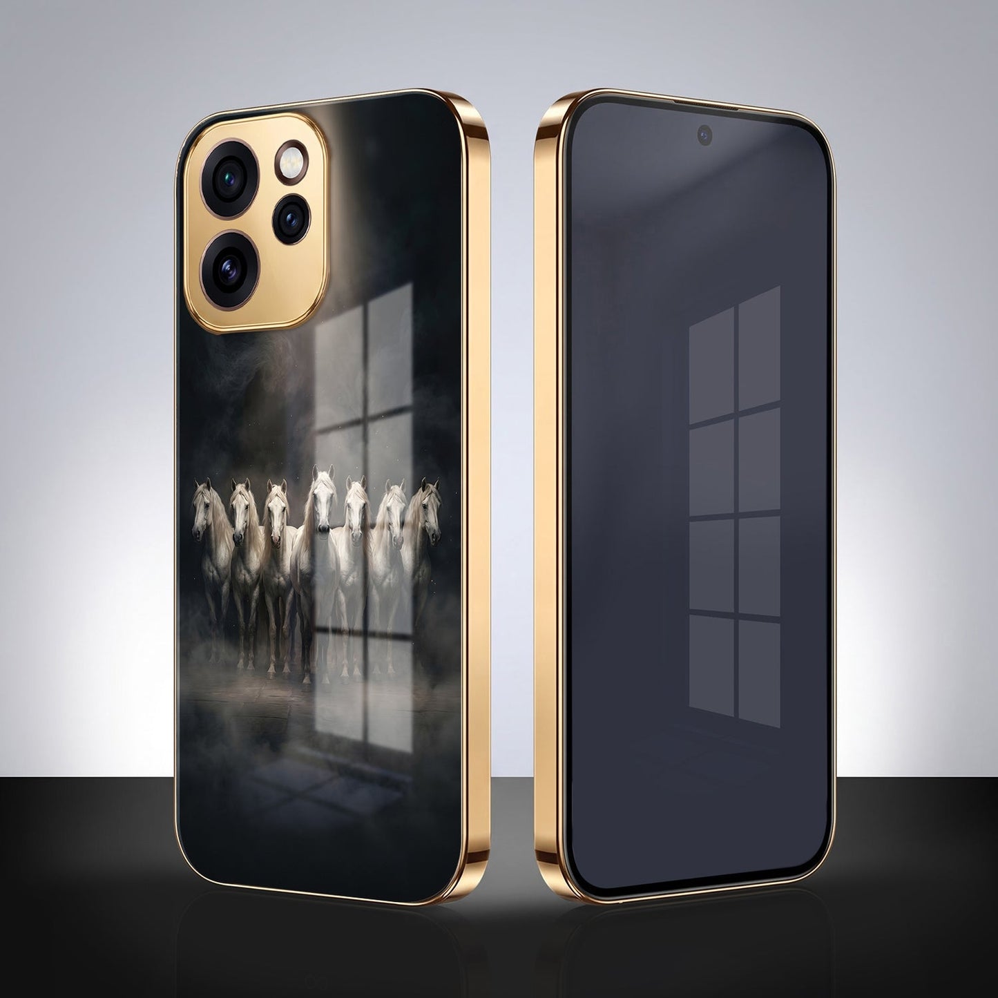 Oppo Reno 15 Pro Mini 5G Running Horses Gold Electroplated Glass Phone Back Case