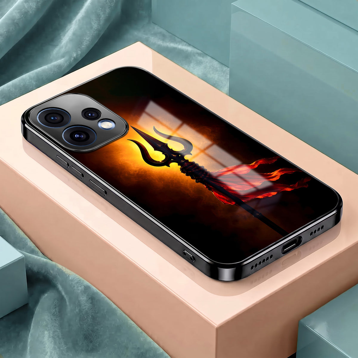 Oppo Reno 15 5G Divine Trishul Black Electroplated Glass Phone Back Case