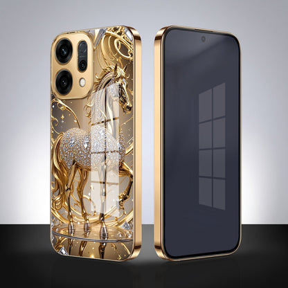 Oppo Reno 14 5G Luxury Horse Texture Gold Electroplated Glass Phone Back Case