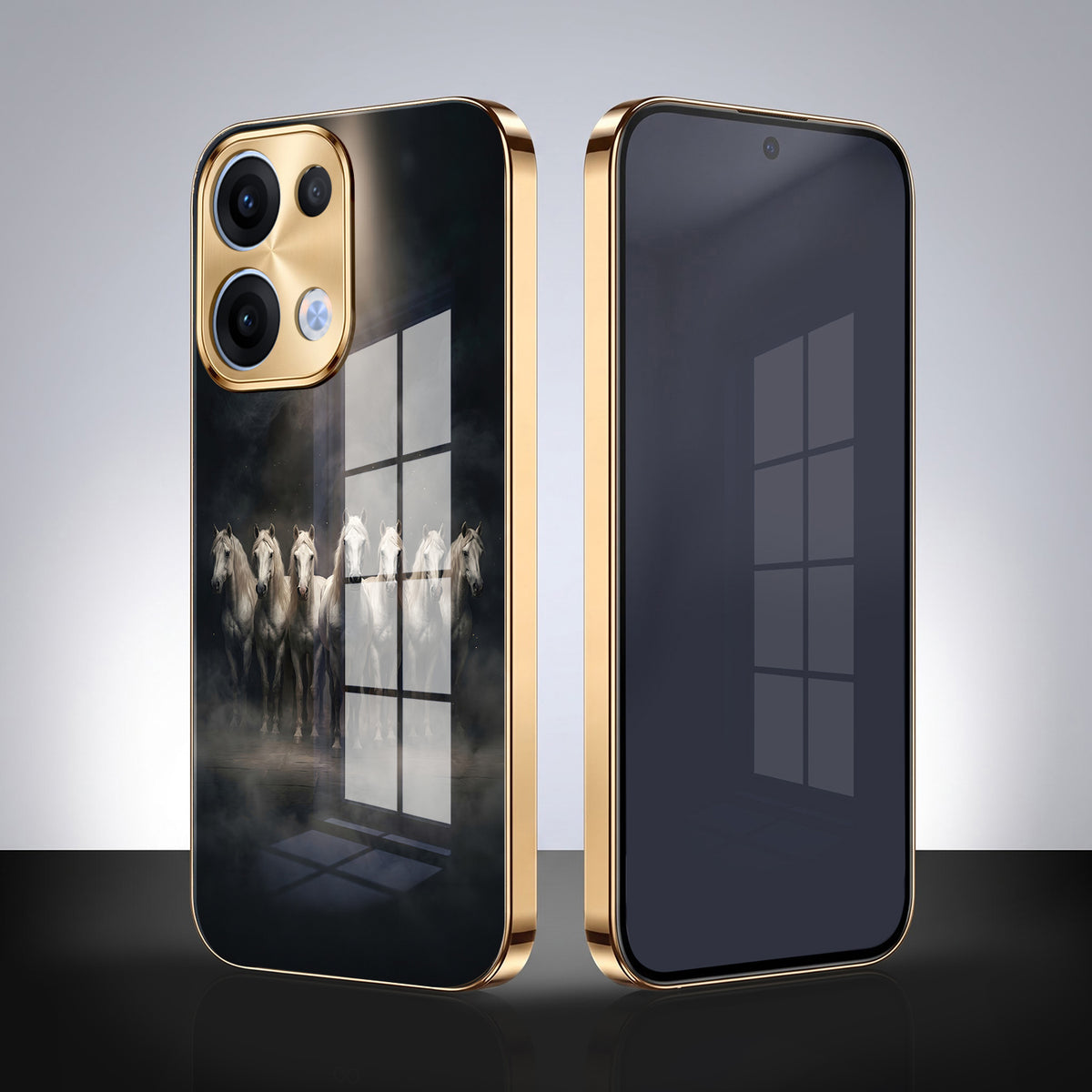 Oppo Reno 13 5G Running Horses Gold Electroplated Glass Phone Back Case